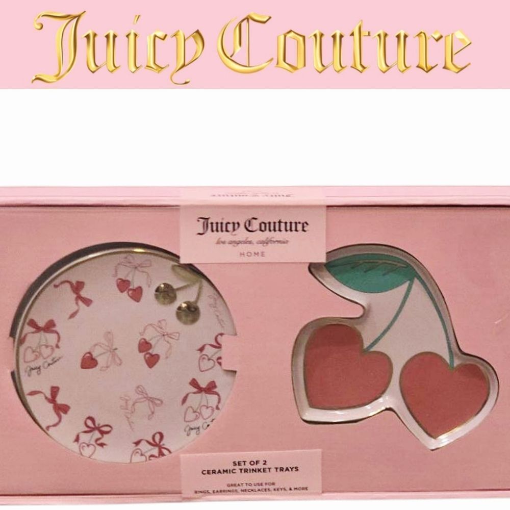 Juicy Couture Home Set Of 2 Heart Cherry Bows Decorative Ceramic Trinket Trays